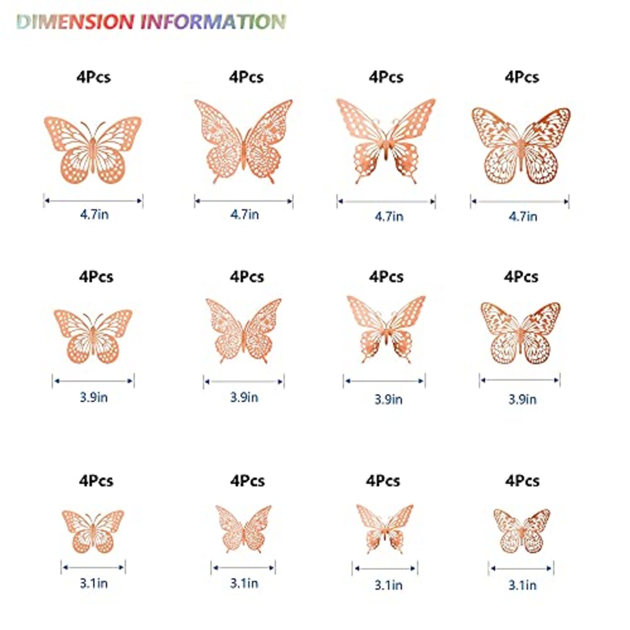 48 Pieces 3D Butterfly Wall Decor, 4 Styles 3 Sizes, Removable Metallic Wall Sticker Room Mural Decals for Kids Bedroom Nursery Classroom Party Decoration Wedding Decor DIY Gift (Rose Gold)